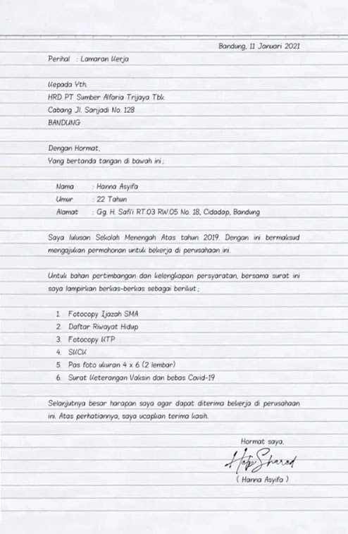 Contoh Surat Lamaran Kerja Tulis Tangan Melamar di Toko