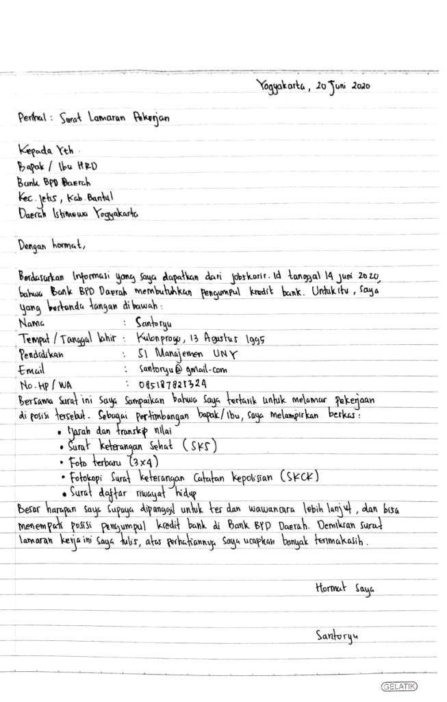 Surat Lamaran Kerja Tulis Tangan Tanpa Pengalaman