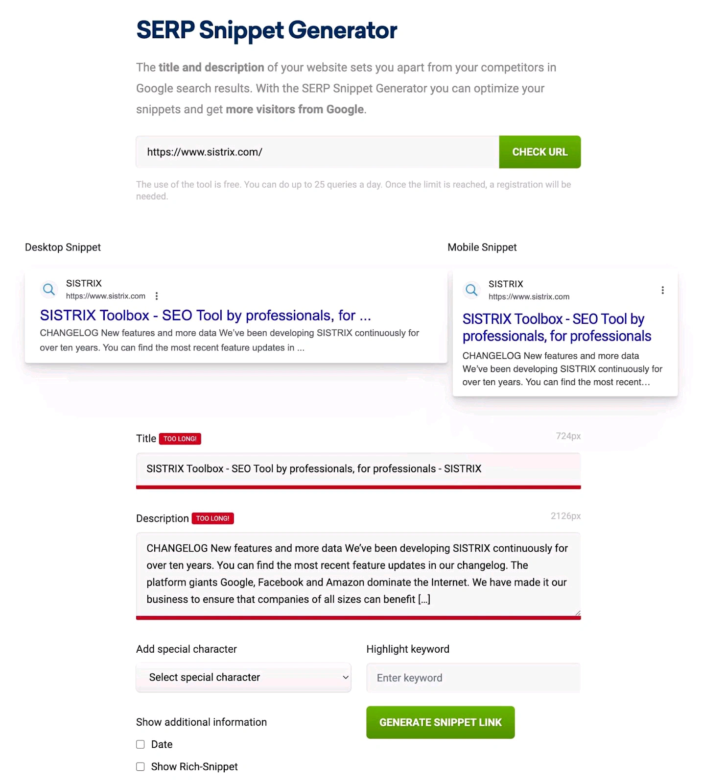 SERP Snippet Generator SISTRIX