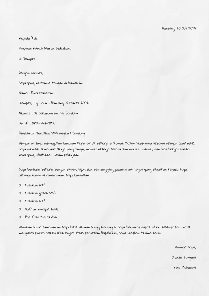 Contoh Surat Lamaran Kerja Tulis Tangan untuk Malamar di Rumah Makan
