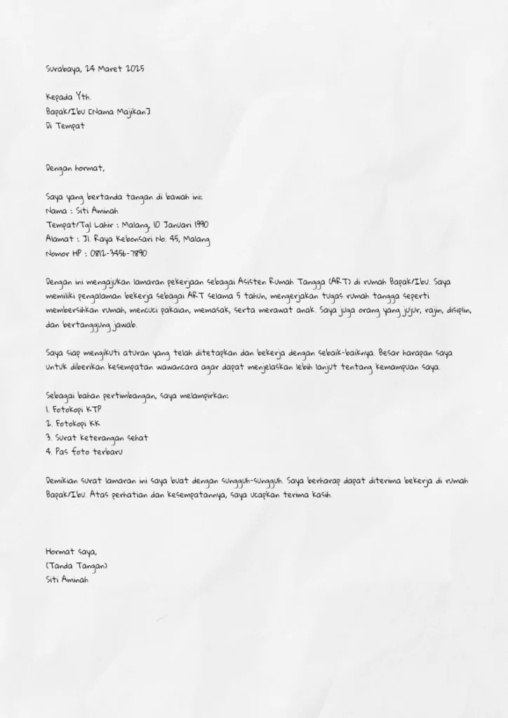Contoh Surat Lamaran Kerja Tulis Tangan untuk Melamar Posisi ART