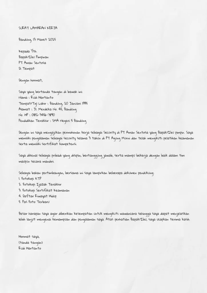 Contoh Surat Lamaran Kerja Tulis Tangan untuk Melamar Posisi Security