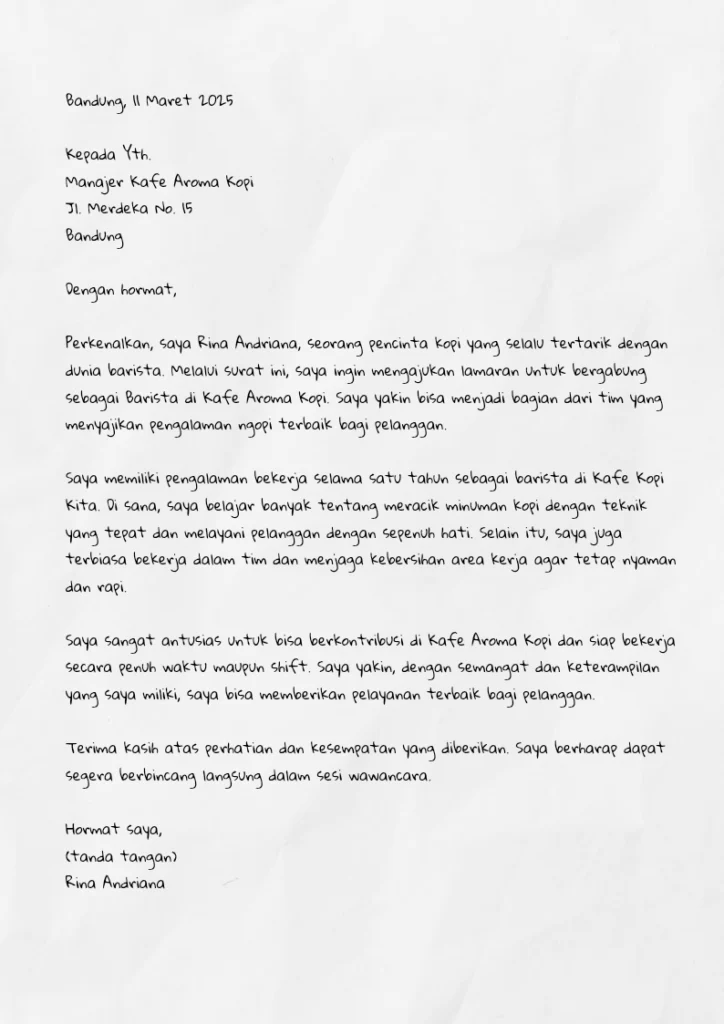 Contoh Surat Lamaran Kerja Tulis Tangan untuk Melamar di Kafe