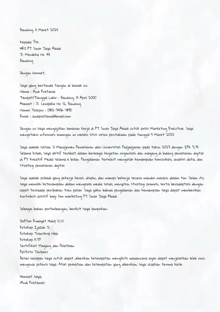 Contoh Surat Lamaran Kerja Tulis Tangan untuk Melamar di PT