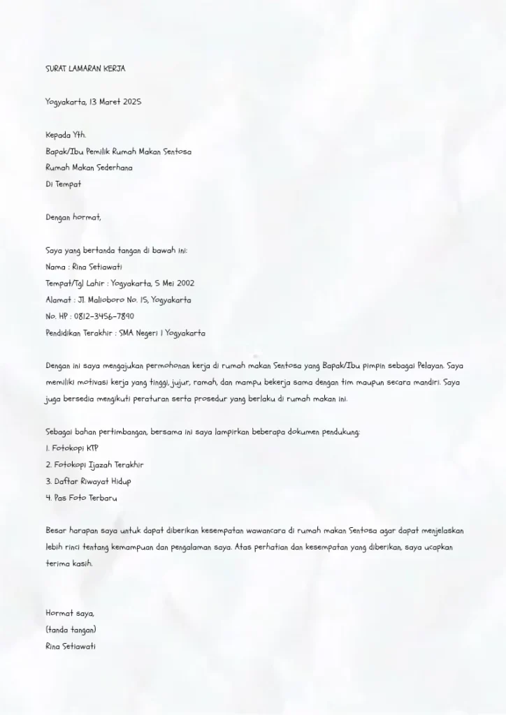 Contoh Surat Lamaran Kerja Tulis Tangan untuk Melamar di Rumah Makan