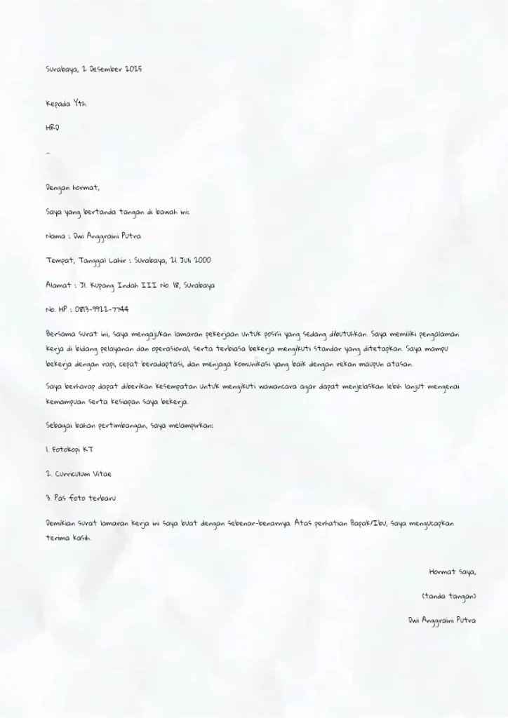 Contoh Surat Lamaran Kerja Tulis Tangan Tanpa Nama Perusahaan