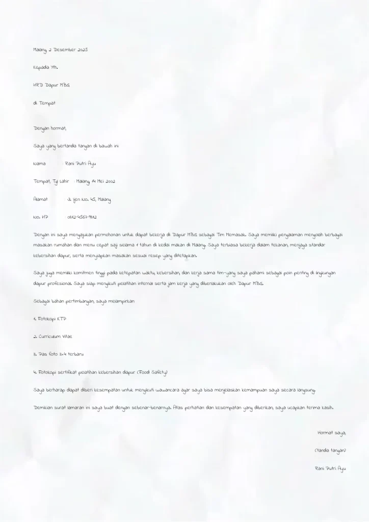 Contoh Surat Lamaran Kerja Tulis Tangan di Dapur MBG