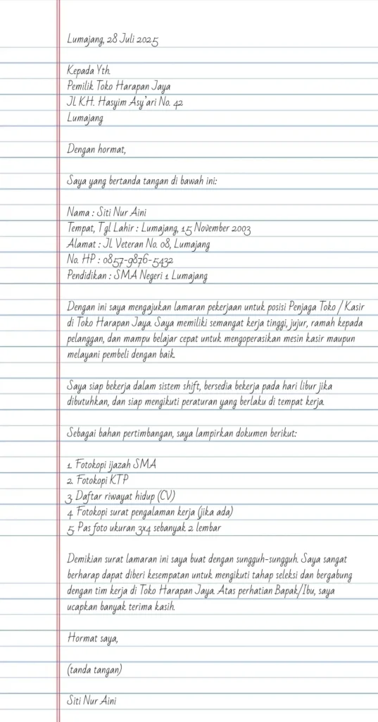 Contoh Surat Lamaran Kerja Tulis Tangan di Minimarket Lokal atau Usaha UMKM