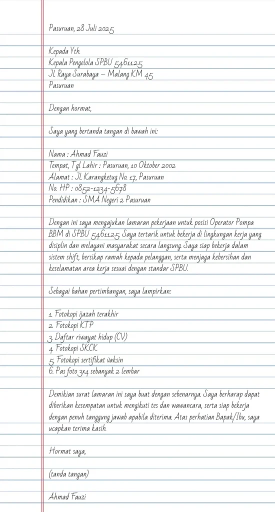 Contoh Surat Lamaran Kerja Tulis Tangan di SPBU