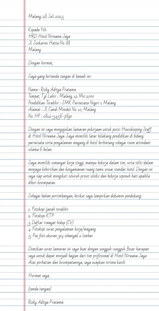 Contoh Surat Lamaran Kerja Tulis Tangan untuk Hotel
