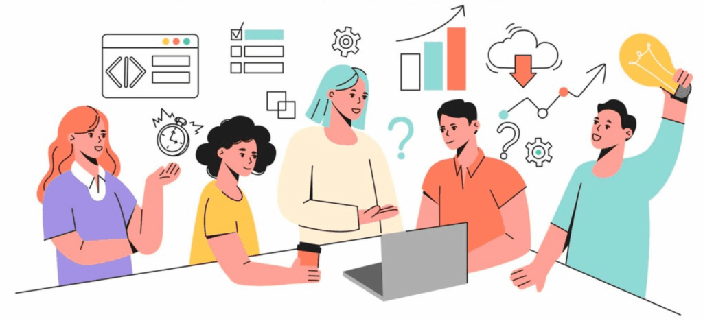 ilustrasi hackathon 5 orang berdiskusi