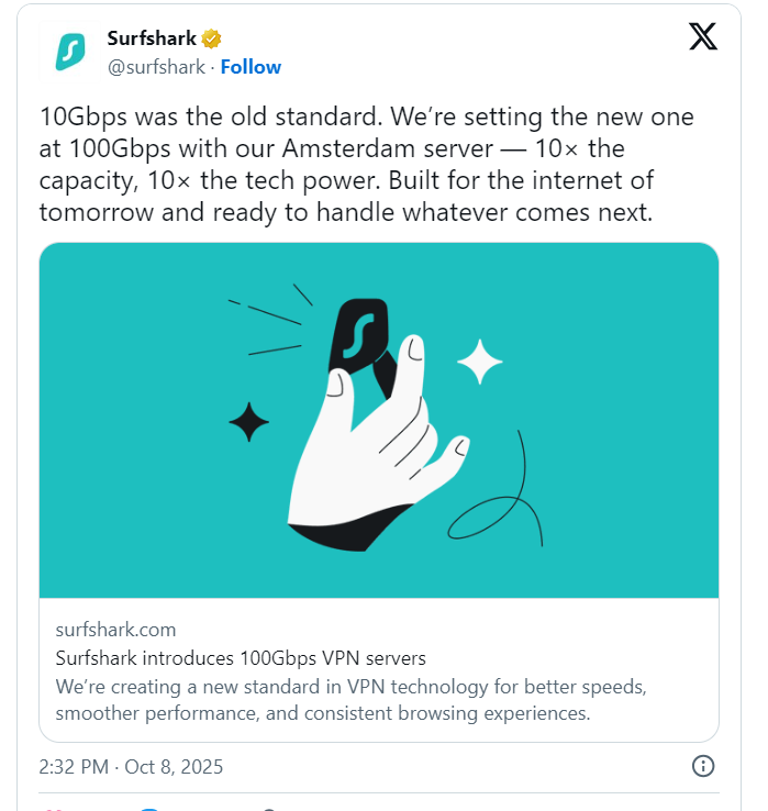 tweet x surfshark vpn server 100gbps