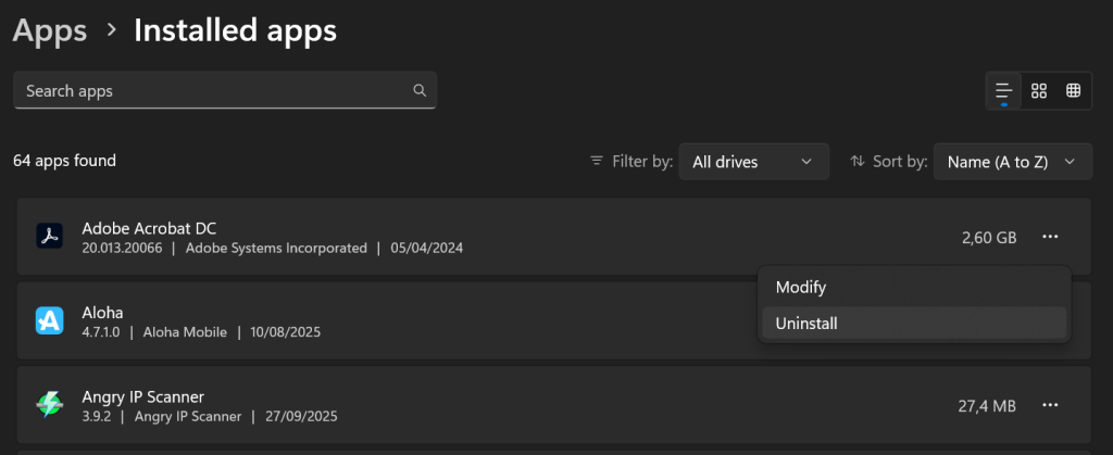 uninstall apps windows 11