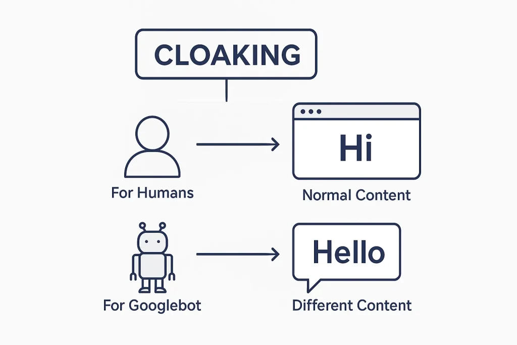 Tampilan untuk Googlebot dan Pengguna berbeda, itu sebabnya cloaking berbahaya karena teknik manipulasi