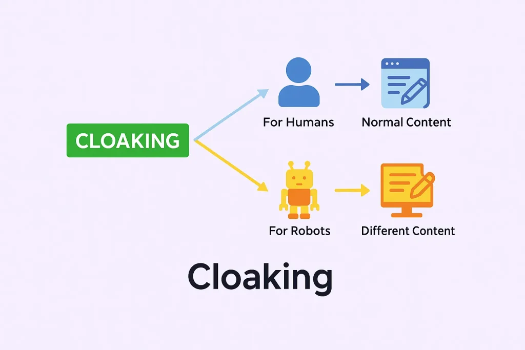 Ilustrasi cloaking pada search engine dan hasil dari cloaking.