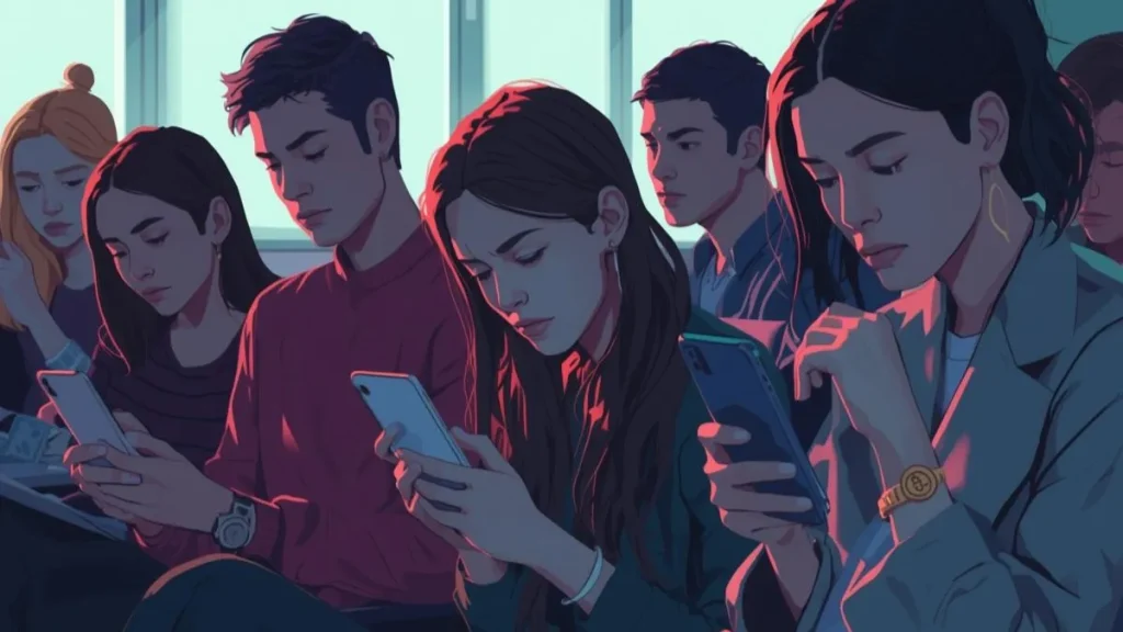 Ilustrasi sekelompok orang bermain media sosial dan cuek dengan sesama.